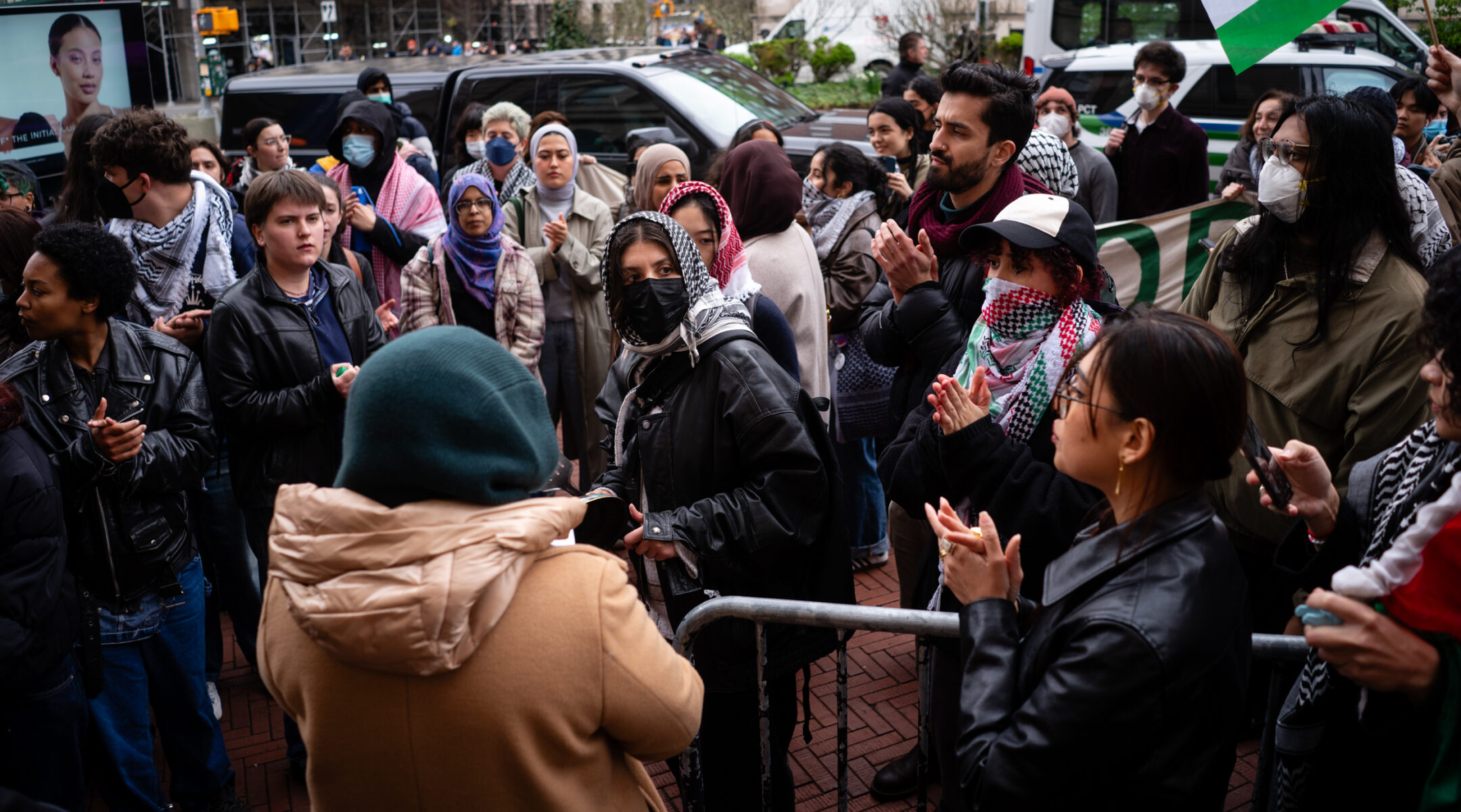 Pro-Palestinian demonstrators at a protest outside Columbia University, in Manhattan, April 18, 2024. (Luke Tress)