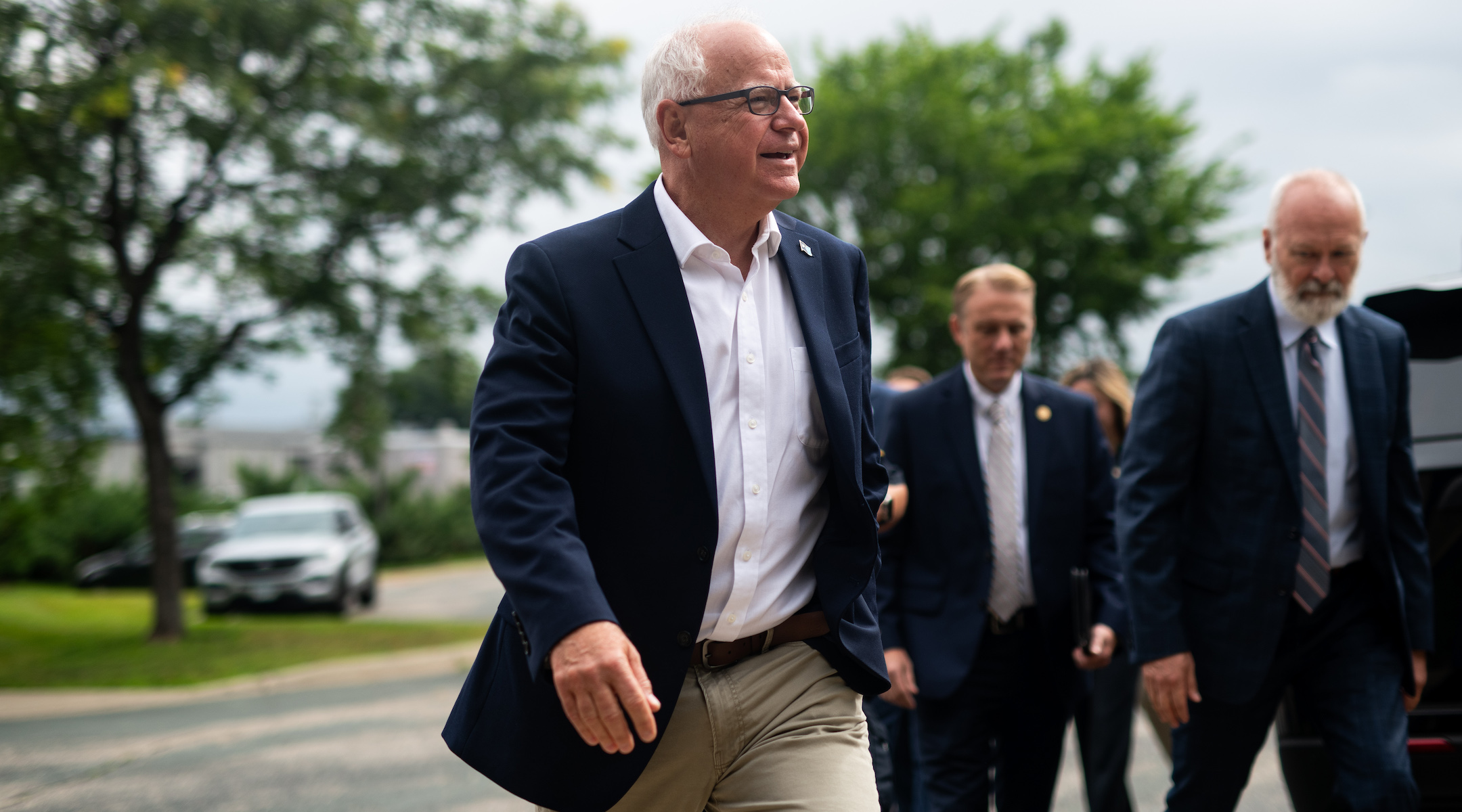 Minnesota Governor Tim Walz arrives to speak at a press conference regarding new gun legislation at City Hall on August 1, 2024 in Bloomington, Minnesota. (Stephen Maturen/Getty Images)