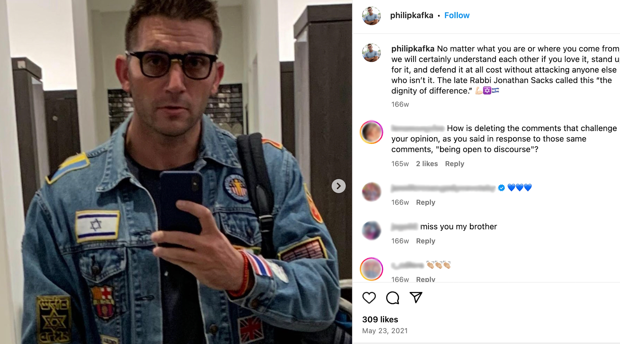 An Instagram post of a man wearing a jacket with Israeli patches.